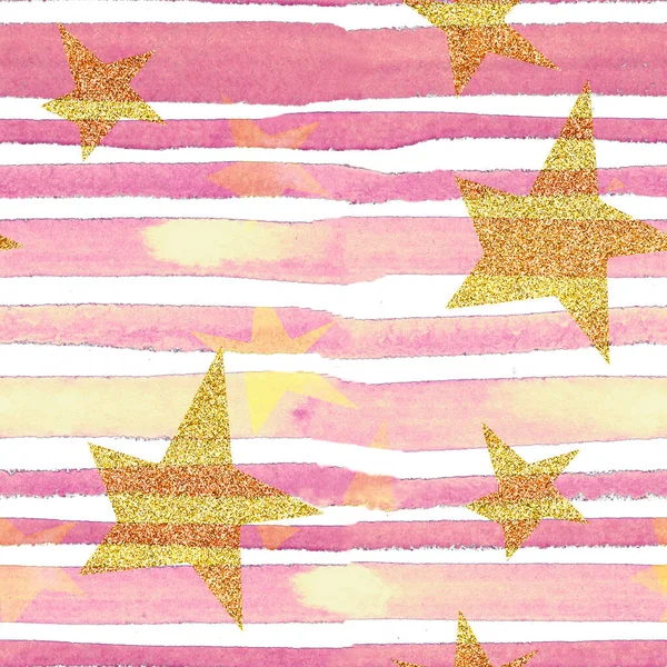 Pattern with stars on background watercolor pink stripes with gold texture — Stock Photo, Image