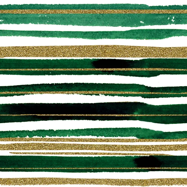 Vzor akvarel pruhy zelená barva se zlatou texturou — Stock fotografie