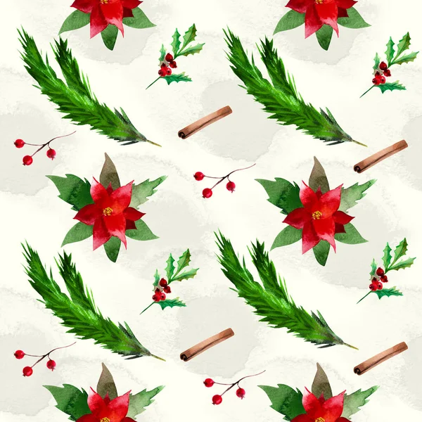 Naadloos patroon aquarel kerstsymbool: poinsettia, dennenboom, kaneel, bessen. — Stockfoto