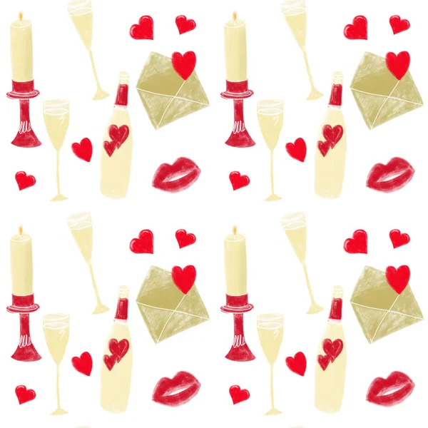 San Valentino senza soluzione di continuità modello whith candela, champagine, glases, lettera d'amore, cuori rossi e labbra su bianco — Foto Stock