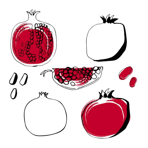 Ilustración de fruta de granada en línea de arte de color negro y rojo aislado en blanco — Vector de stock