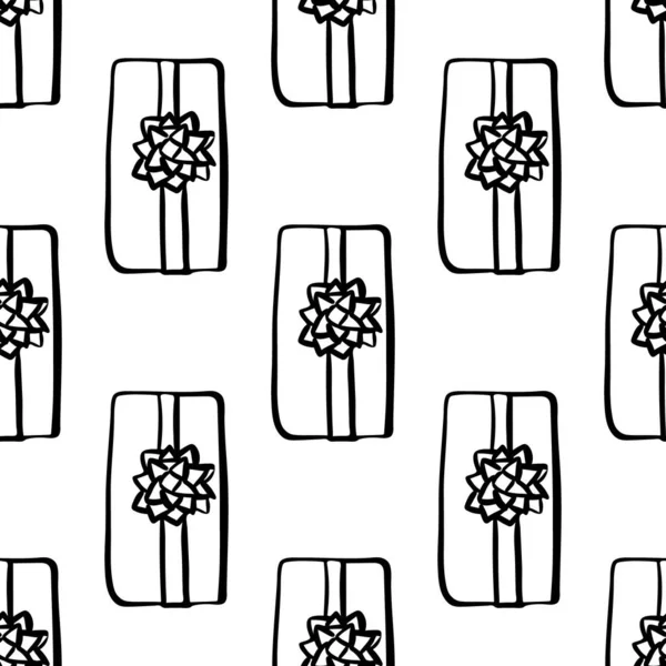 Naadloos patroon met illustratie van geschenkdozen in krabbelstijl op wit — Stockvector