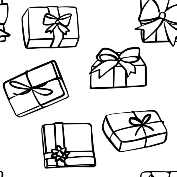 Απρόσκοπτη μοτίβο με την απεικόνιση των κιβωτίων δώρων σε στυλ doodling σε λευκό — Διανυσματικό Αρχείο