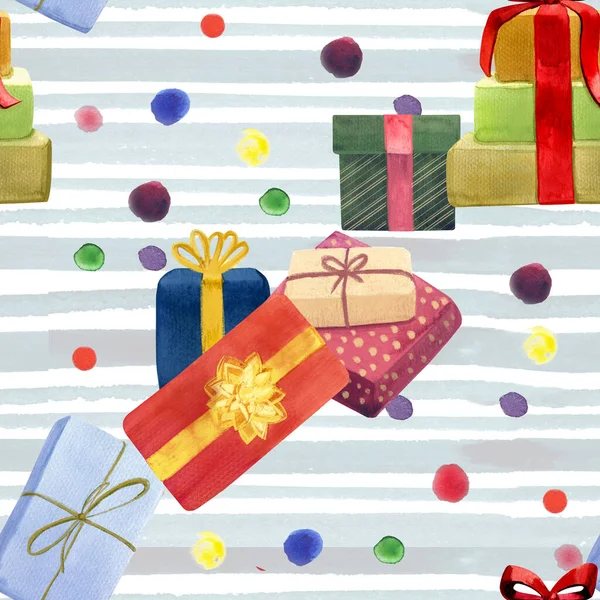 Muster mit Aquarell Illustration Geschenkboxen auf hellblauen Farbstreifen Hintergrund — Stockfoto