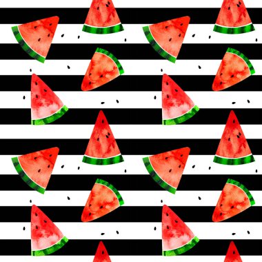 Sulu boya resimli kusursuz desen. Siyah çizgili karpuz dilimleri.