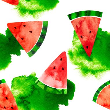 Sulu boya resimli kusursuz desen. Yeşil suluboya arka planda karpuz dilimleri.