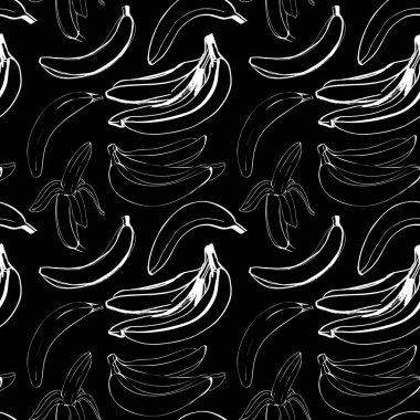 Siyahların üzerine beyaz renkli muz çizimleri çizilmiş vektör kusursuz desen.