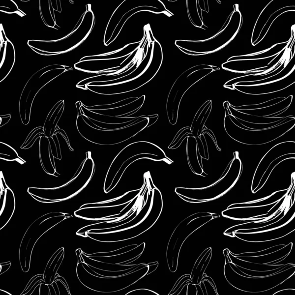 Vektor sömlöst mönster med illustration av bananer i linje konst vit färg på en svart — Stock vektor