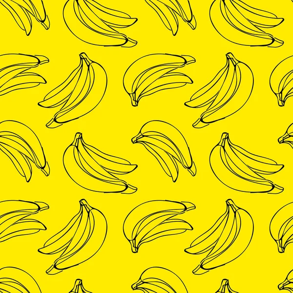 黄色のラインアート黒の色でバナナのイラストとベクトルシームレスパターン — ストックベクタ