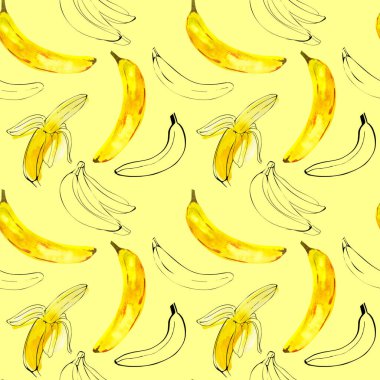 Sarı arkaplanda mürekkep çizgisi olan suluboya resimli muz deseni