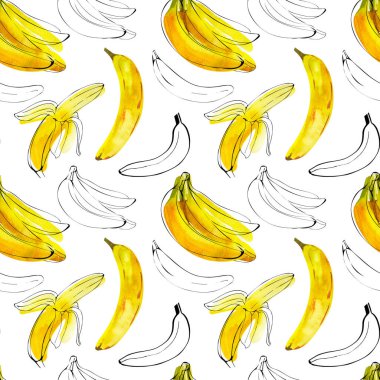 Suluboya resimli kusursuz desen. Beyaz üzerine mürekkep çizgisi olan muzlar.