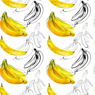 Suluboya resimli kusursuz desen. Beyaz üzerine mürekkep çizgisi olan muzlar.