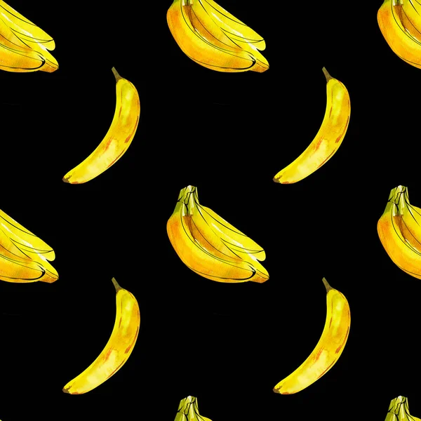 Pola mulus dengan gambar cat air pisang di atas warna hitam — Stok Foto