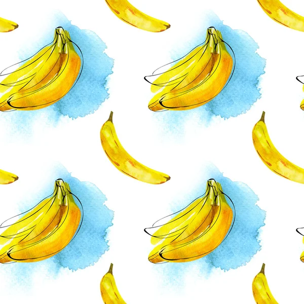 水彩イラストバナナの柄と墨線が青地に描かれている — ストック写真