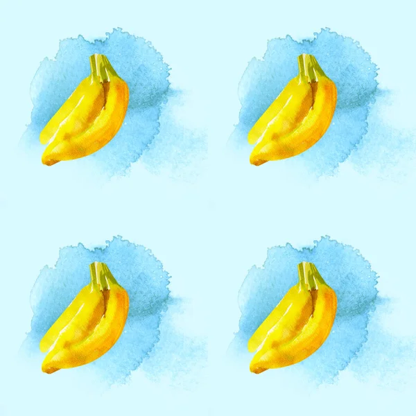 青い斑点のある青の背景に水彩イラストバナナのパターン — ストック写真