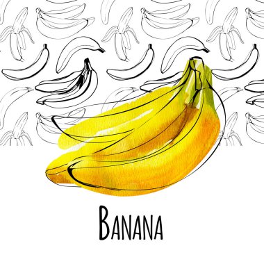 Muz ve mürekkep siluetinin suluboya çizimi siyah renk