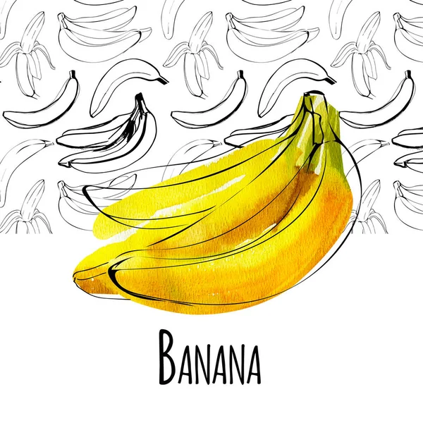 バナナとインクのシルエットブラックカラーの水彩イラスト — ストック写真