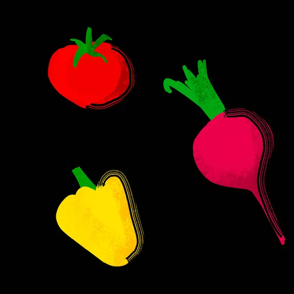 Stylized Illustration of vegetables tomato beet and bell pepper on black — Foto de Stock