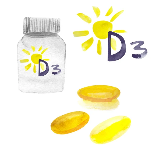 Vitaminer D akvarell illustrationer isolerade på vitt — Stockfoto