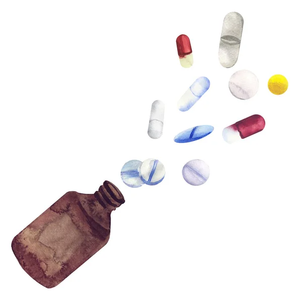 Comprimidos garrafa ilustrações aquarela isolados em branco — Fotografia de Stock
