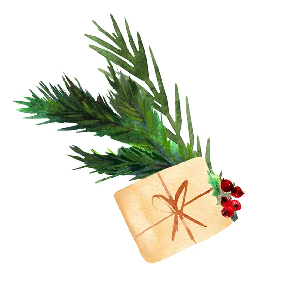 Aquarel illustraties Kerst compositie met sparren tak en cadeau — Stockfoto