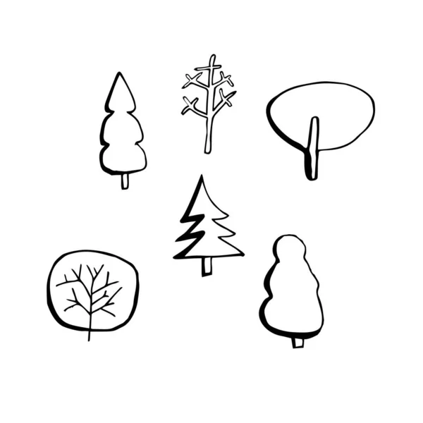 Dessiner à la main des arbres illustration forêt style doodle isolé sur blanc — Image vectorielle