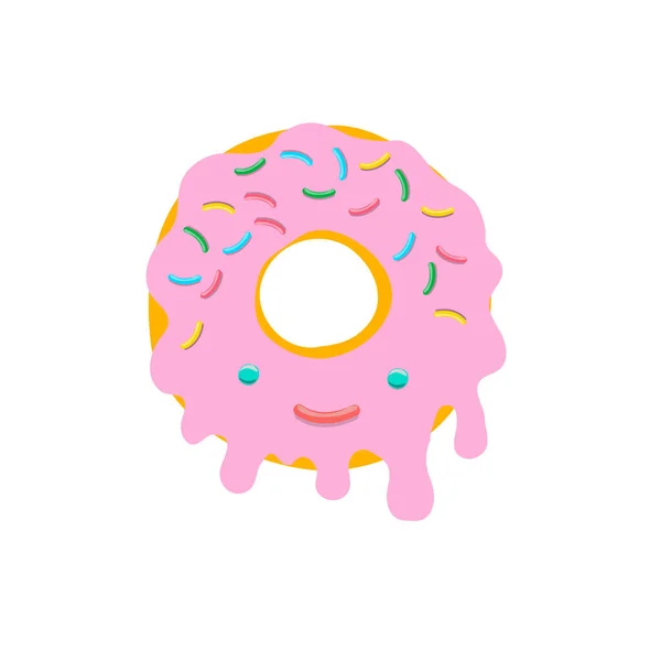 Illustration of a donut in pink glaze with multi-colored pastry topping in kawaii style isolated on a white — 스톡 벡터