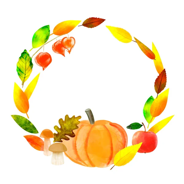 Φθινόπωρο πλαίσιο ακουαρέλα εικονογράφηση με πολύχρωμα φύλλα, κολοκύθα, μανιτάρια, μήλο — Φωτογραφία Αρχείου