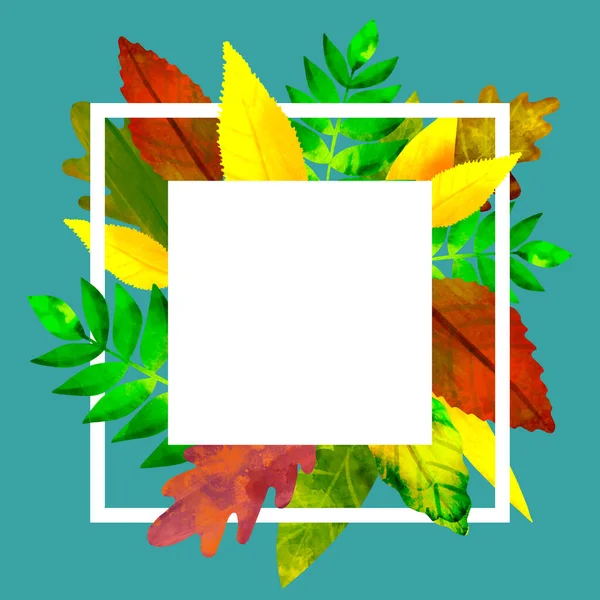 Herbst-Rahmen-Aquarell-Illustration mit bunten Blättern auf blauer Farbe — Stockfoto