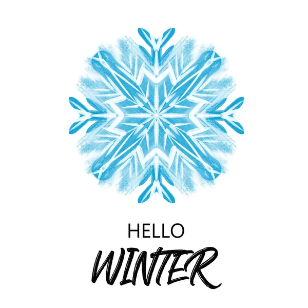 在白色背景上孤立的蓝色雪花插图 文字Hello Winter — 图库照片