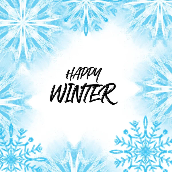 Zimowe tło z Śnieżynka ilustracja w kolorze niebieskim ze stylizowanym tekstury efekt watecolor Happy Winter — Zdjęcie stockowe