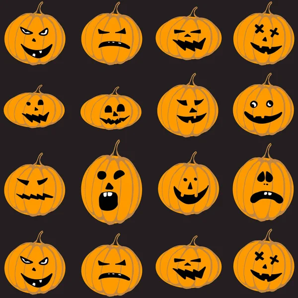 Seamless pattern with cute Halloween pumpkins in cartoon style on a black background — Stock Vector