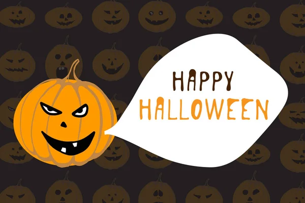 Illustrazione zucca Halloween su sfondo nero con testo Happy Halloween — Vettoriale Stock