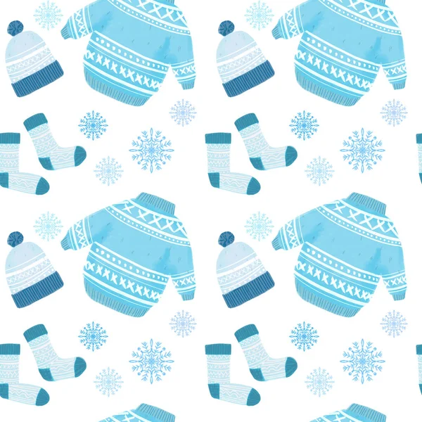 겨울 옷의 예를 보여 주는 무미건조 한 패턴. 귀여운 스웨터, 뜨개 질 모자, 그리고 눈송이가 달린 파란색 그림 — 스톡 사진