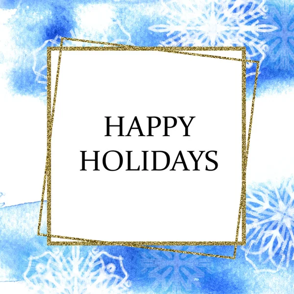 Зимняя рамка с изображением синих снежинок со стилизованным акварельным текстурным эффектом Форма для текста Happy Holidays — стоковое фото
