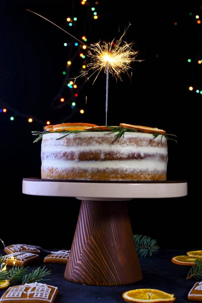 Beautiful Delicious Cake Sprigs Rosemary Orange Frips New Year Dessert — Stock Photo, Image