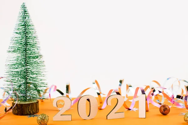 Primer Plano Los Números Madera 2021 Sobre Fondo Naranja Con — Foto de Stock