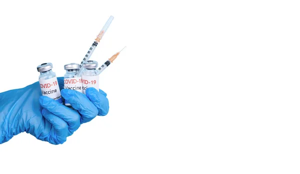 Φιαλίδια Εμβολιασμού Στα Χέρια Γιατρού Γάντι Μπλε Φόντο — Φωτογραφία Αρχείου