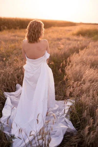 Молодая Девушка Стоит Завернутая Белое Одеяло Стоя Поле Пшеницы Солнечным — стоковое фото