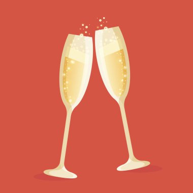 Kırmızı arka planda Bokeh efektli şampanya kadehleri. Tatil içeriği. Metin için yer