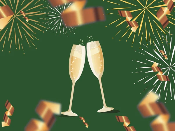Boldog Évet Üdvözlő Kártya Két Pezsgős Pohár Tűzijáték Zöld Háttér — Stock Fotó