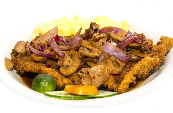 Schnitzel with mushrooms and mashed — Stock Photo, Image