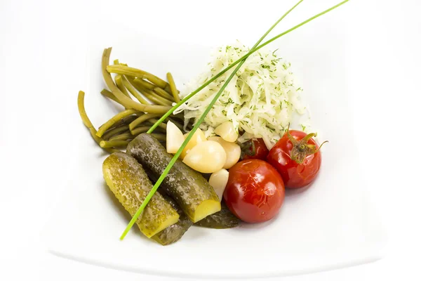 Pickled vegetables, cucumber tomatoes asparagus — Stock Photo, Image