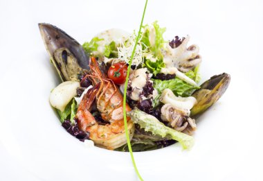 Sebzeli salata ve deniz ürünleri.