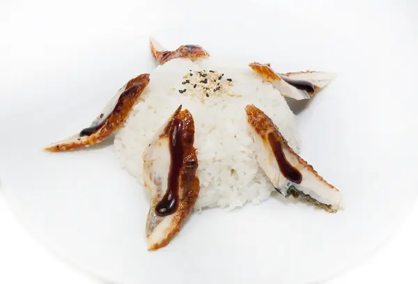 Rijst met gerookte paling — Stockfoto