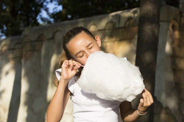 Girl Eating Sweet Cotton Candy Summer Park — Stock Photo, Image