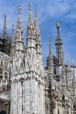 6 HAZİRAN 2018, MİLAN, İTALYA: Milano Katedrali 'ni süsleyen azizlerin ve şehitlerin heykelleri (Duomo di Milano) yakın planda çekilir. 