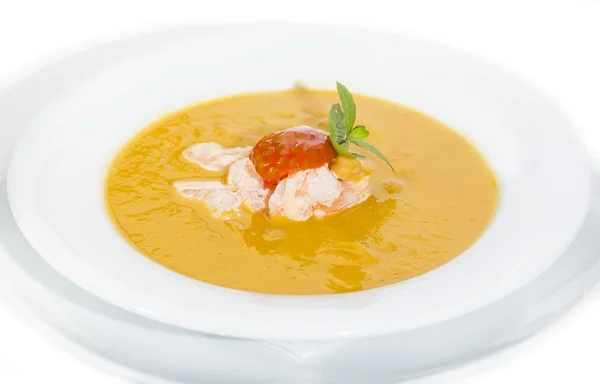 Pumpkin soup with shrimp and tomato — Stock Photo, Image