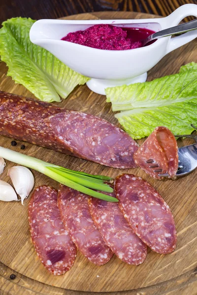 Meat dish with several kinds of sausages — Stock Photo, Image