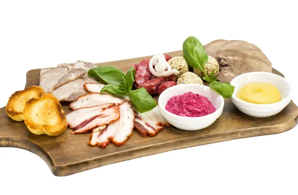 Board with bacon and sausages — Stock Photo, Image